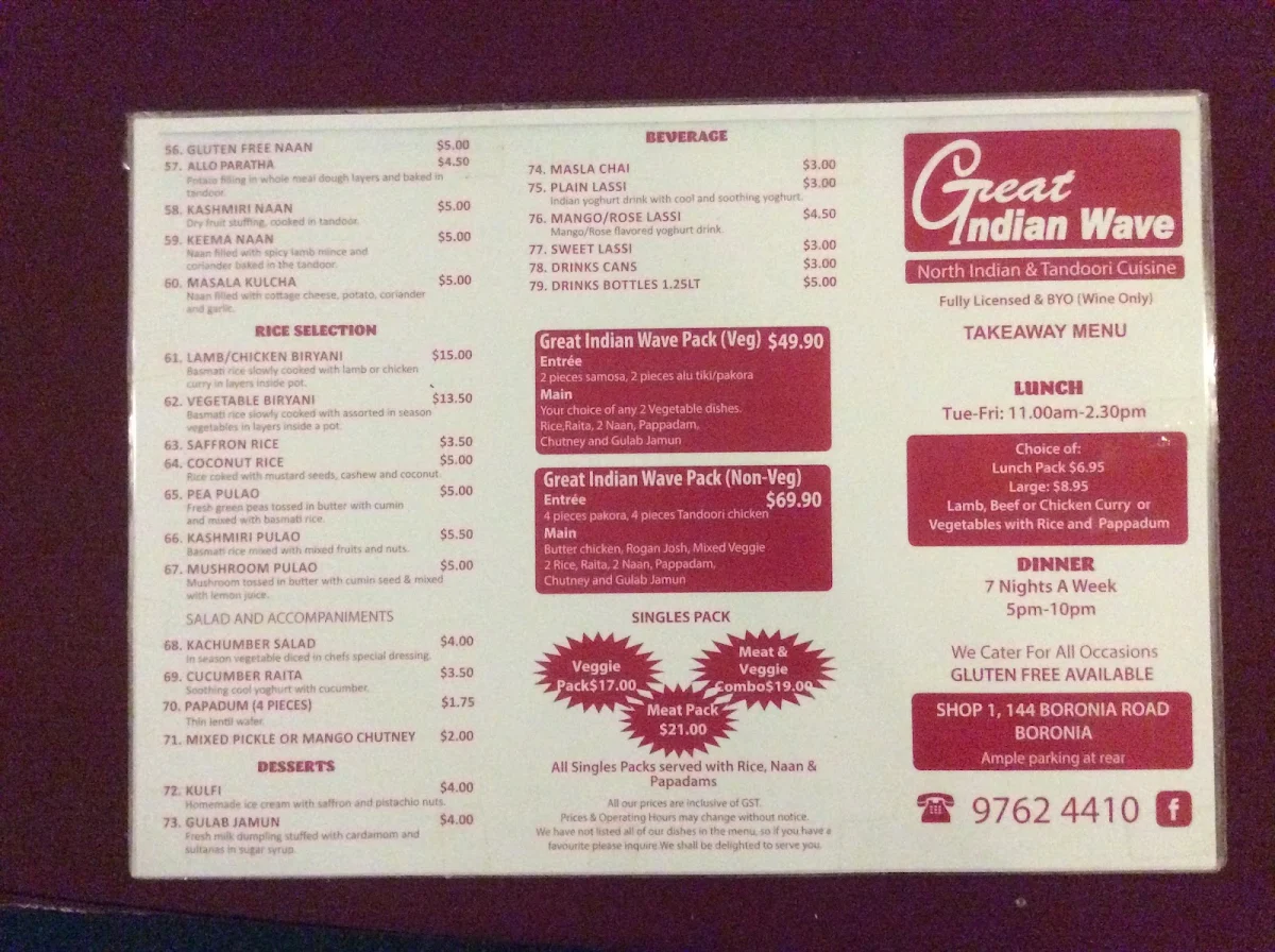 Menu, Great Indian Wave