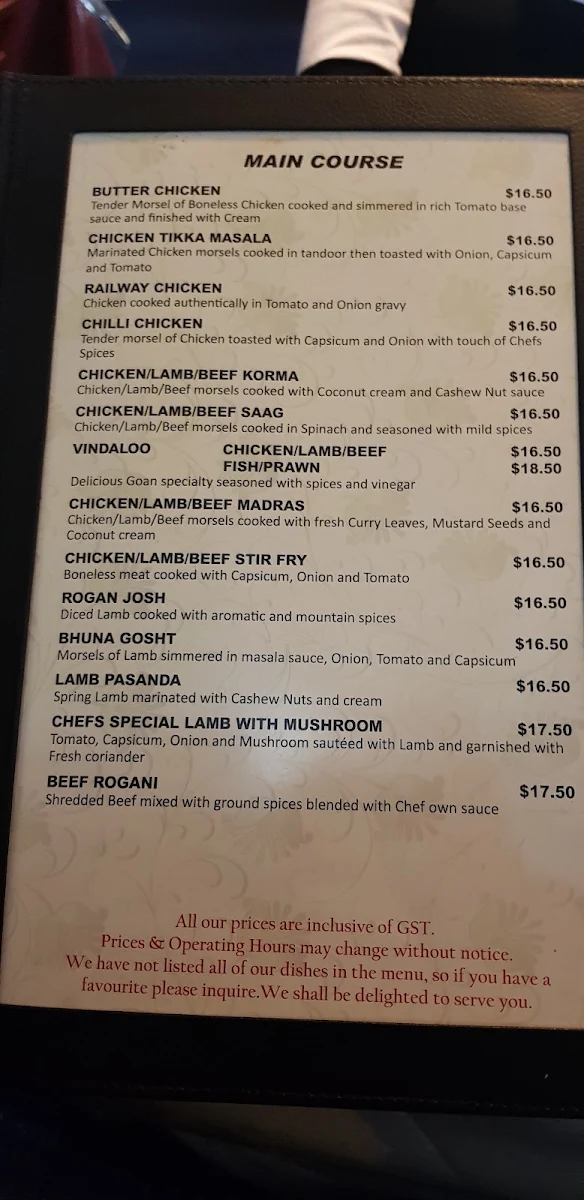 Menu, Great Indian Wave