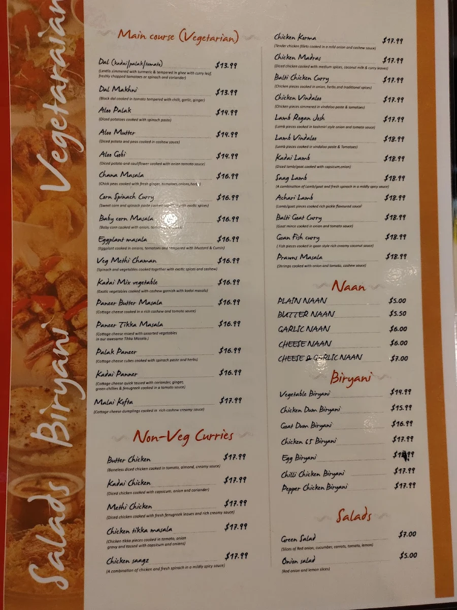 Menu, Balti Biryani Holland Park