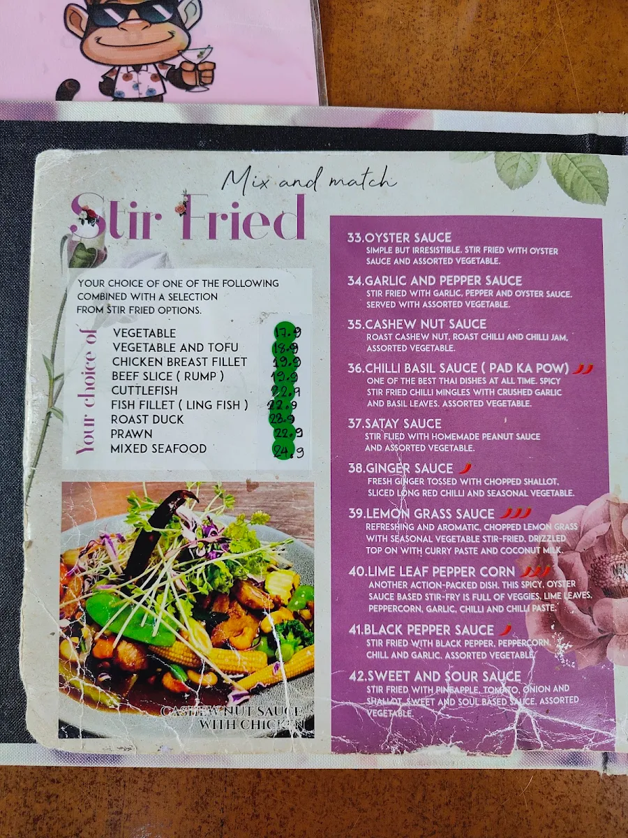 Menu, Monkey Punch Thai Cuisine