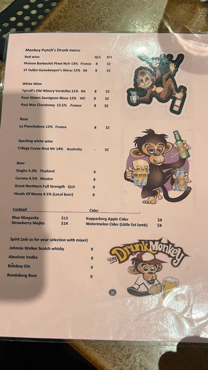 Menu, Monkey Punch Thai Cuisine