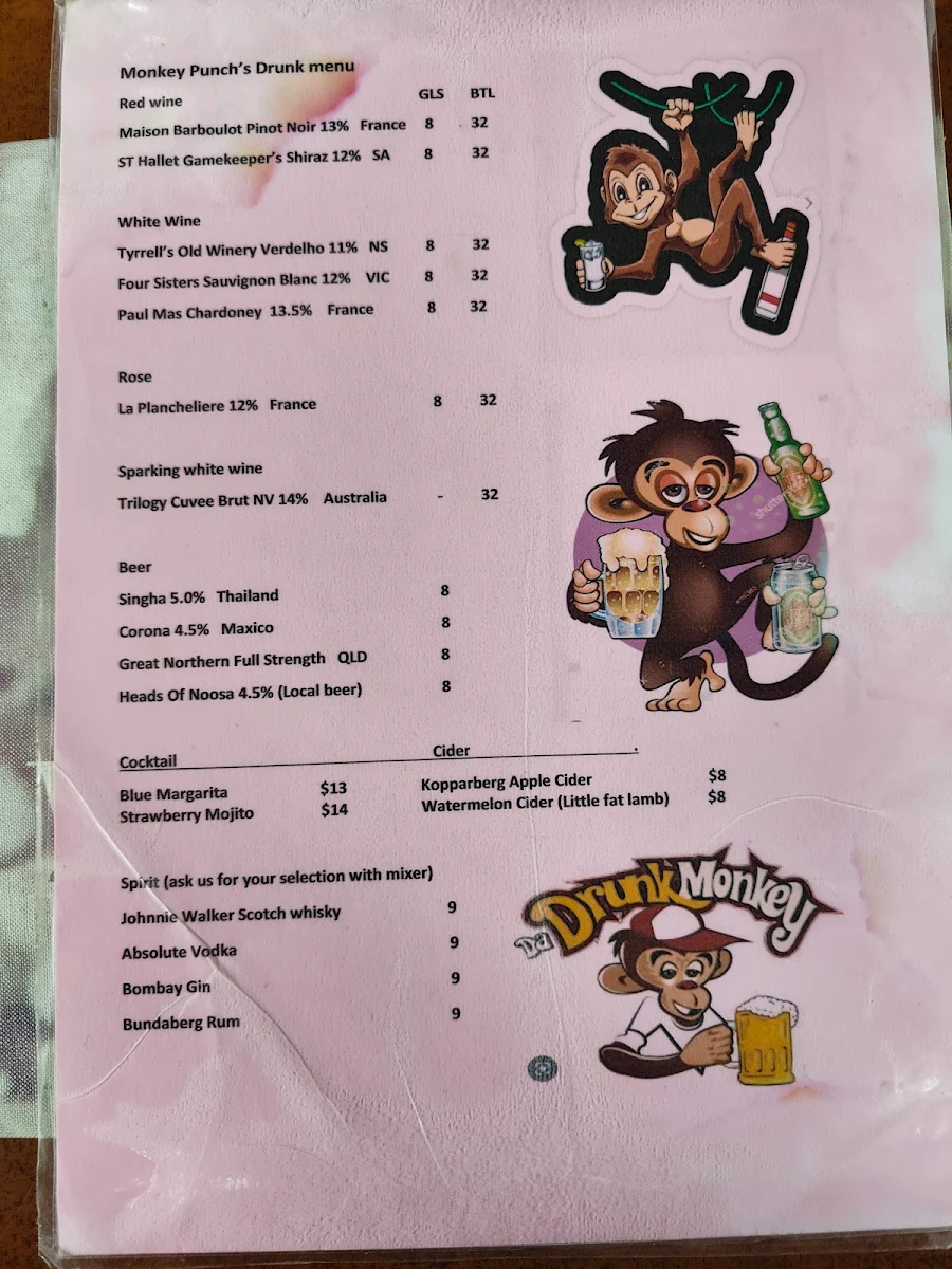 Menu, Monkey Punch Thai Cuisine