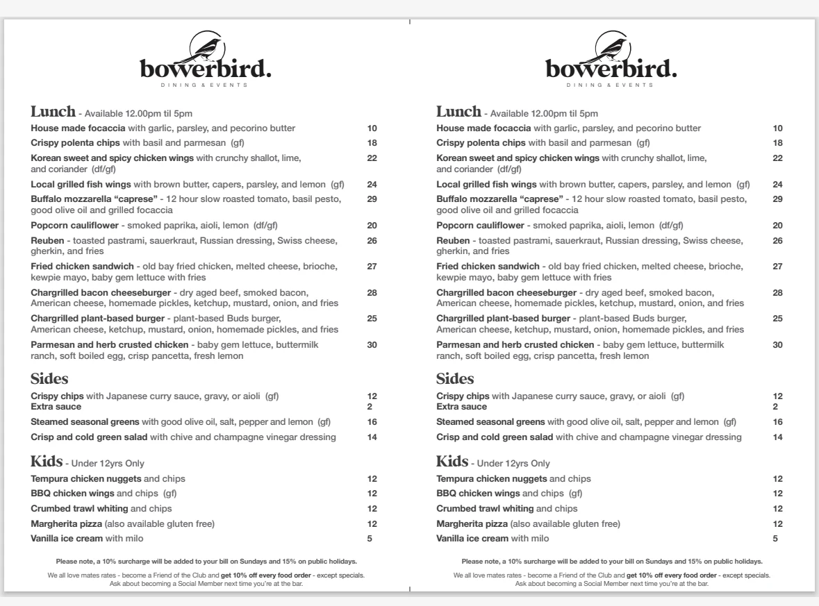 Menu, Bowerbird Dining And Events