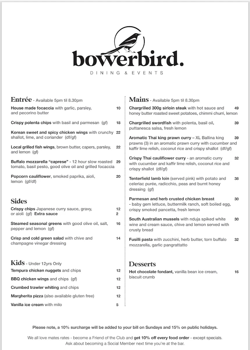 Menu, Bowerbird Dining And Events