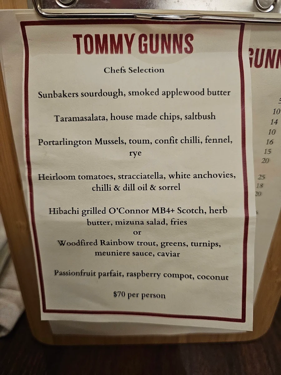 Menu, Tommy Gunns Barwon Heads
