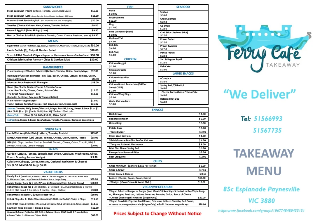 Menu, Ferry Cafe