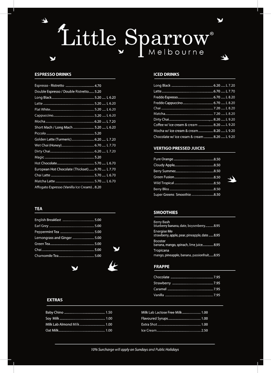 Menu, Little Sparrow Plenty Valley