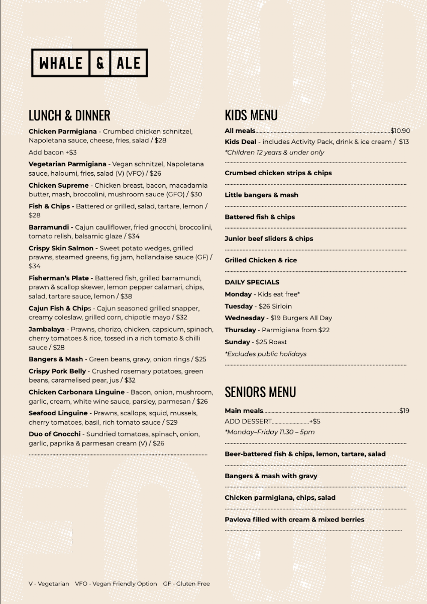 Menu, Whale & Ale