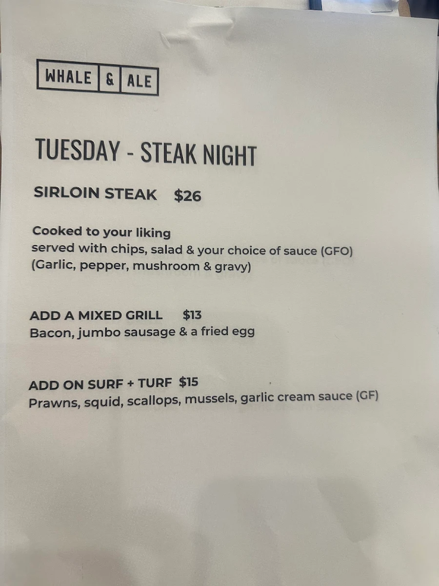 Menu, Whale & Ale