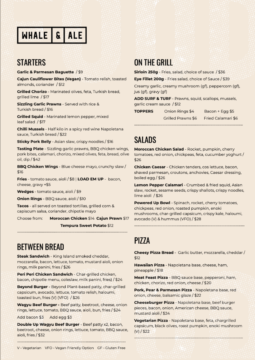 Menu, Whale & Ale