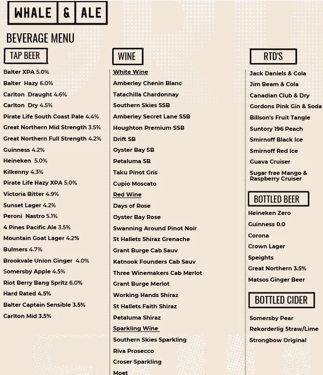 Menu, Whale & Ale