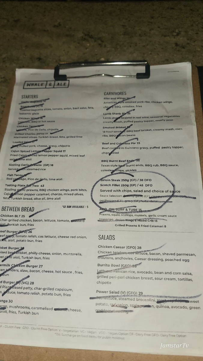 Menu, Whale & Ale