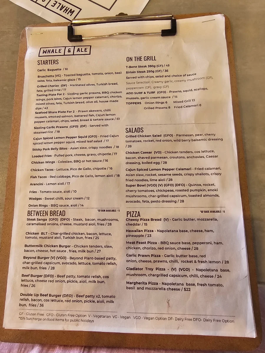 Menu, Whale & Ale
