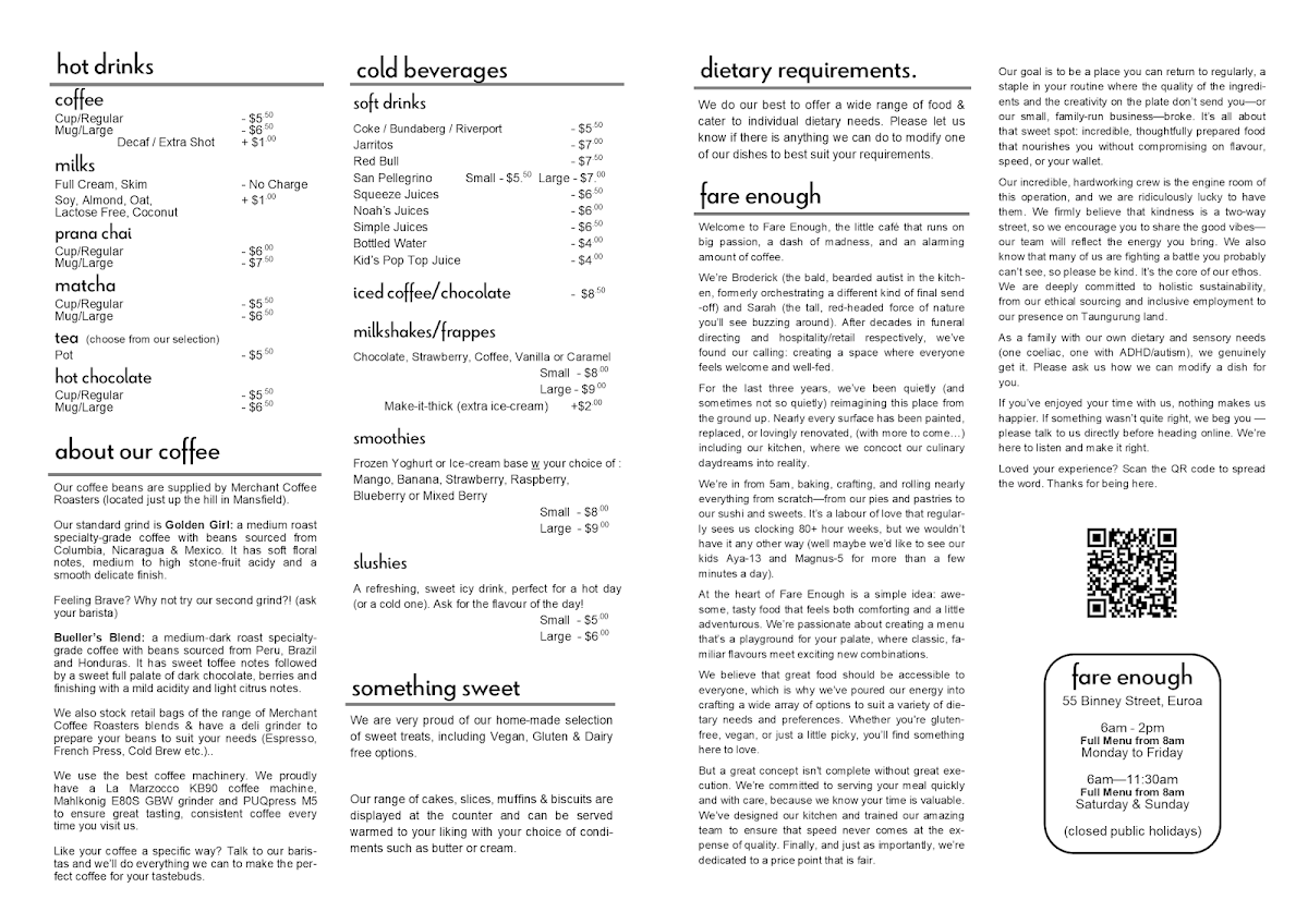 Menu, Fare Enough