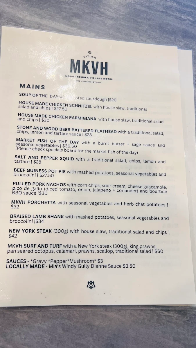 Menu, Mount Kembla Village Hotel