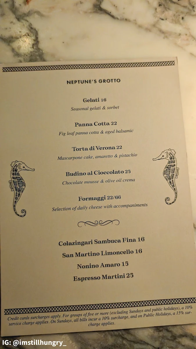 Menu, Neptune's Grotto