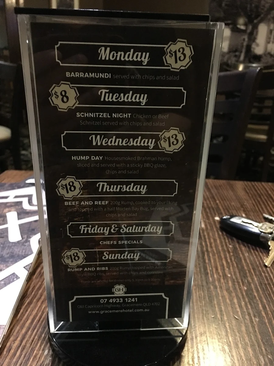 Menu, Gracemere Hotel