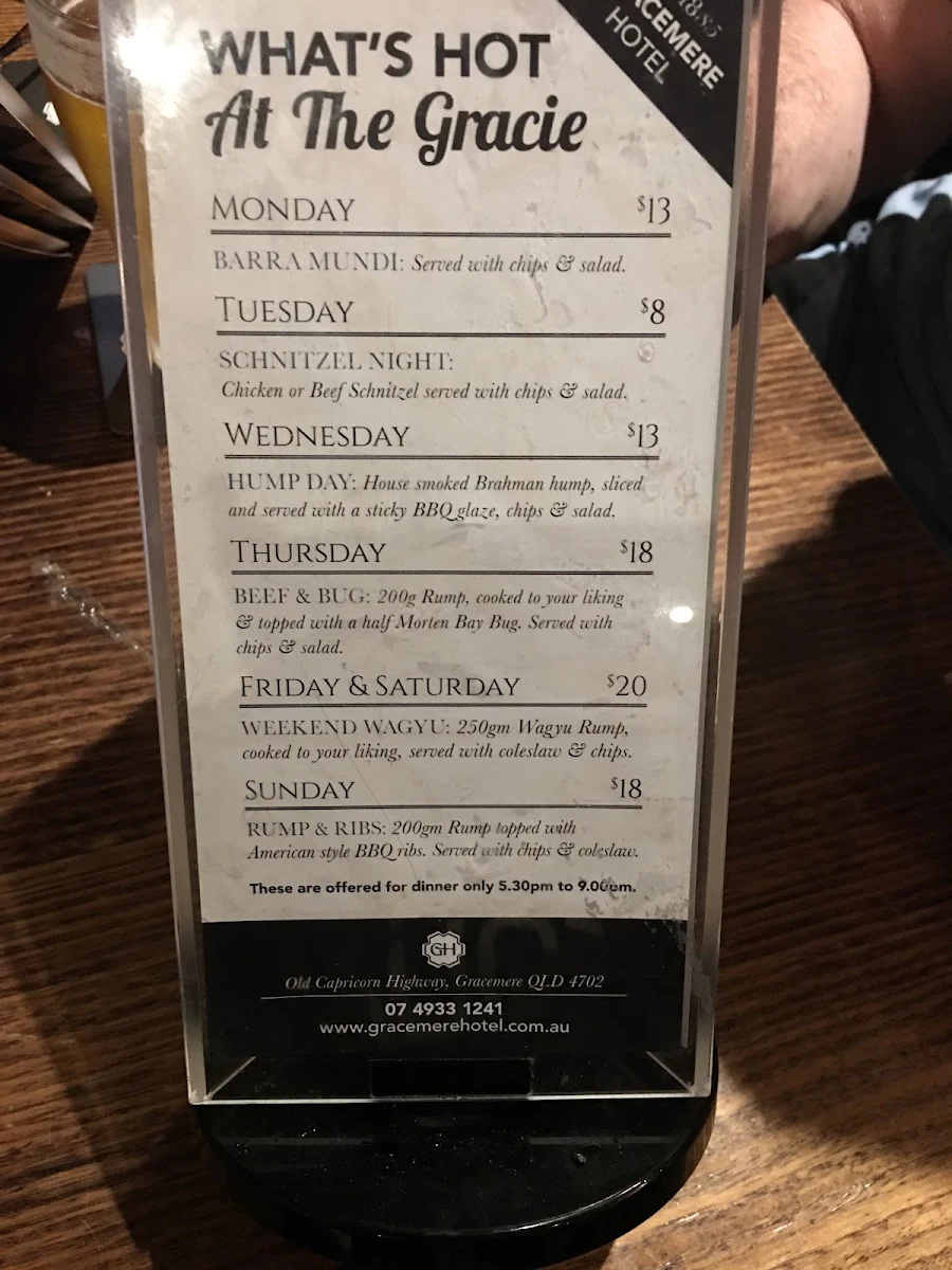 Menu, Gracemere Hotel
