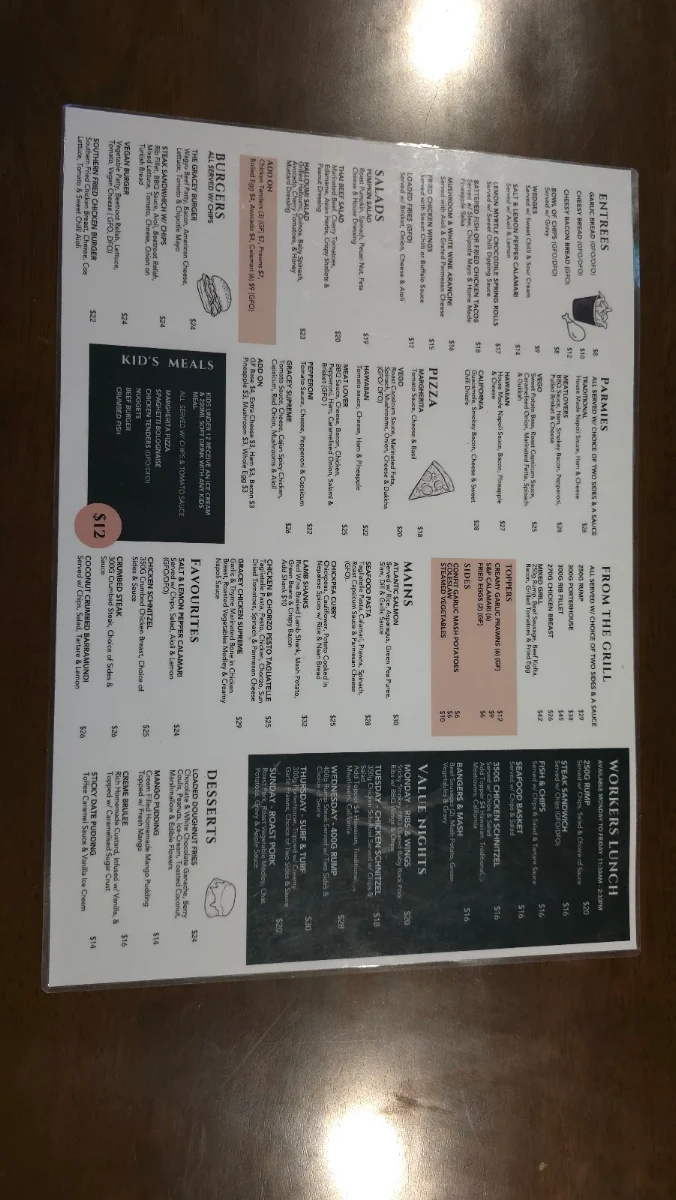 Menu, Gracemere Hotel