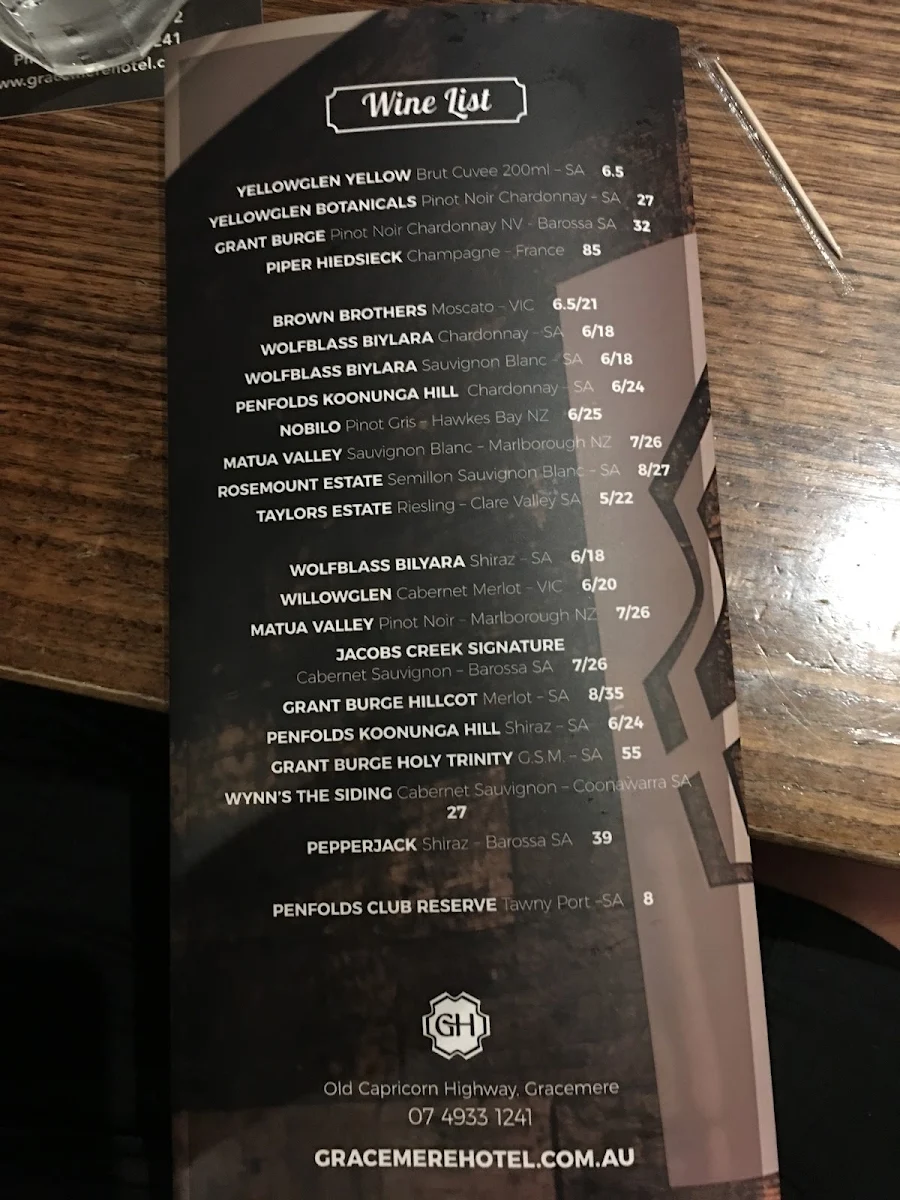 Menu, Gracemere Hotel
