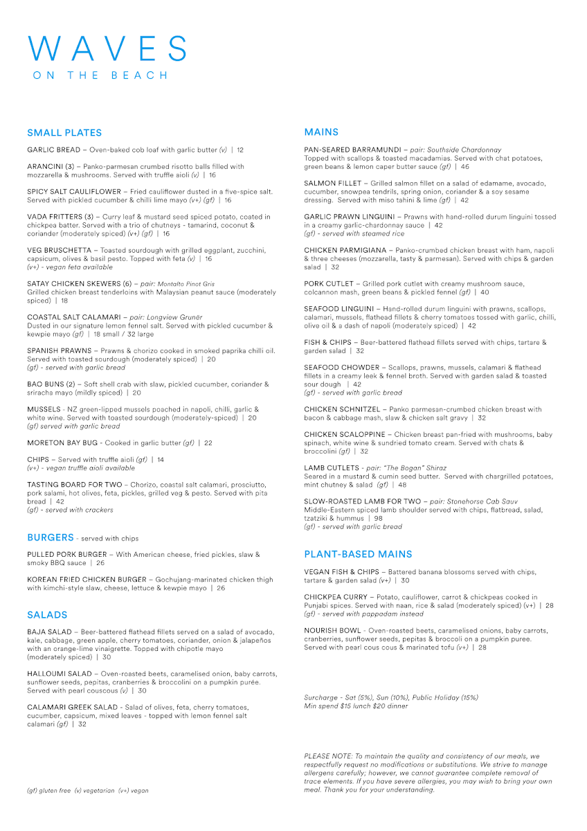 Menu, Waves on the Beach Restaurant