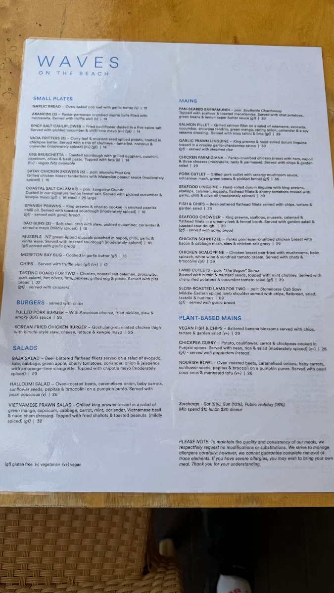 Menu, Waves on the Beach Restaurant