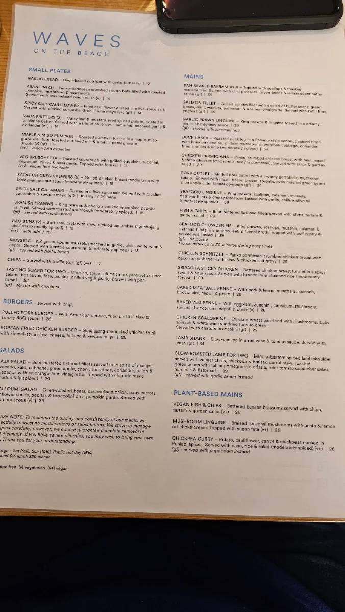 Menu, Waves on the Beach Restaurant