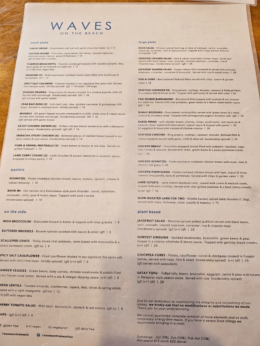 Menu, Waves on the Beach Restaurant
