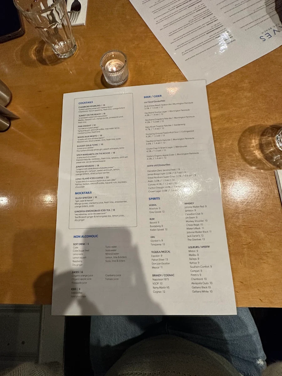 Menu, Waves on the Beach Restaurant