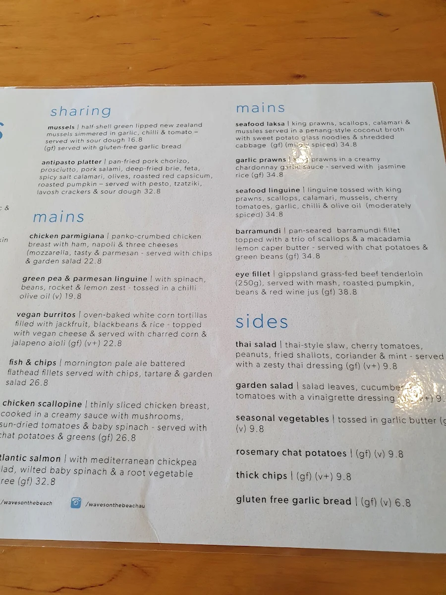Menu, Waves on the Beach Restaurant
