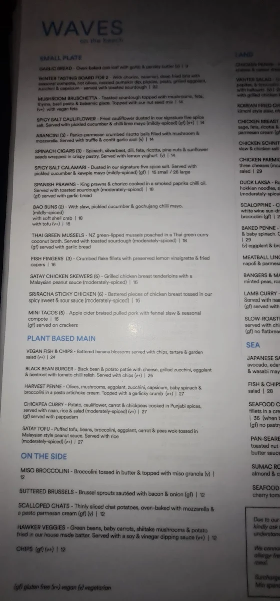 Menu, Waves on the Beach Restaurant