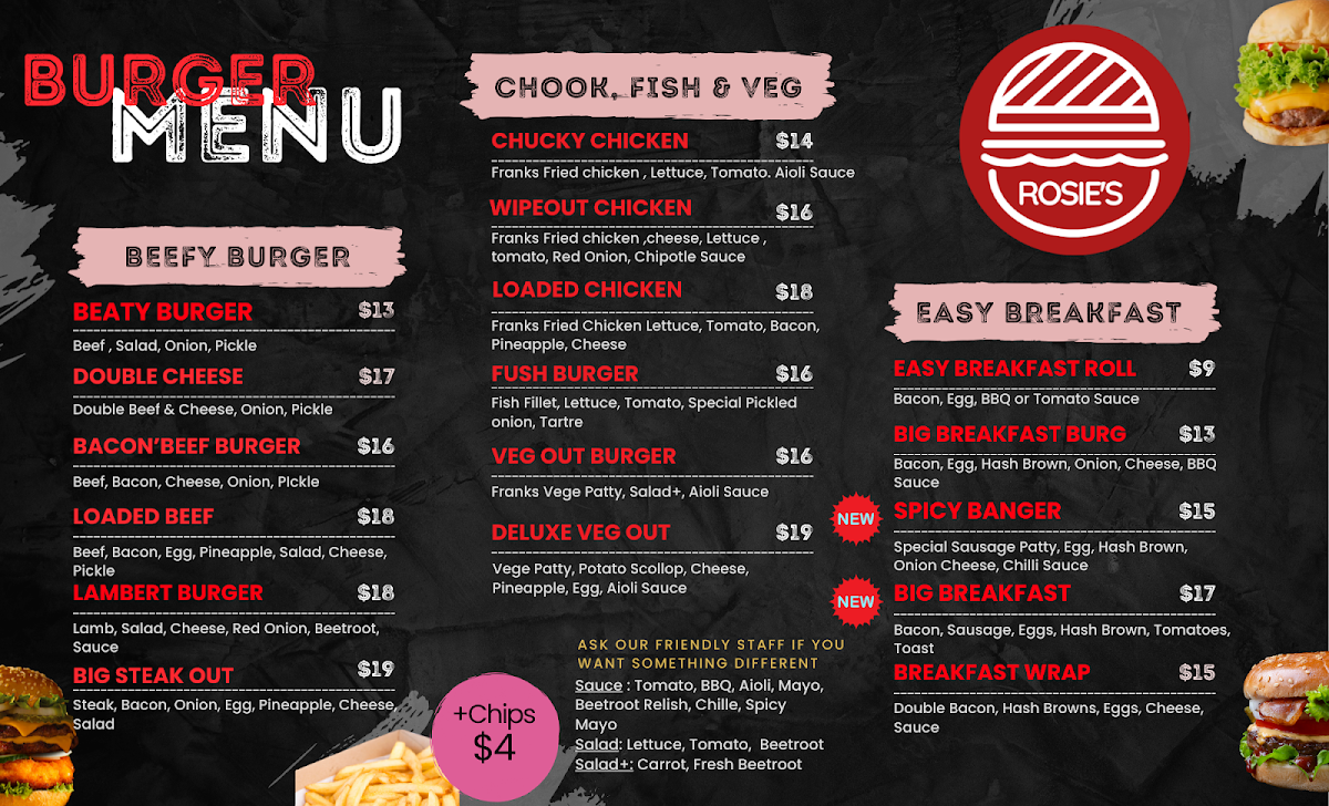 Menu, Rosie’s Takeaway - Fish & Chips, Burgers, Wraps, Ice Cream & Bubble Tea