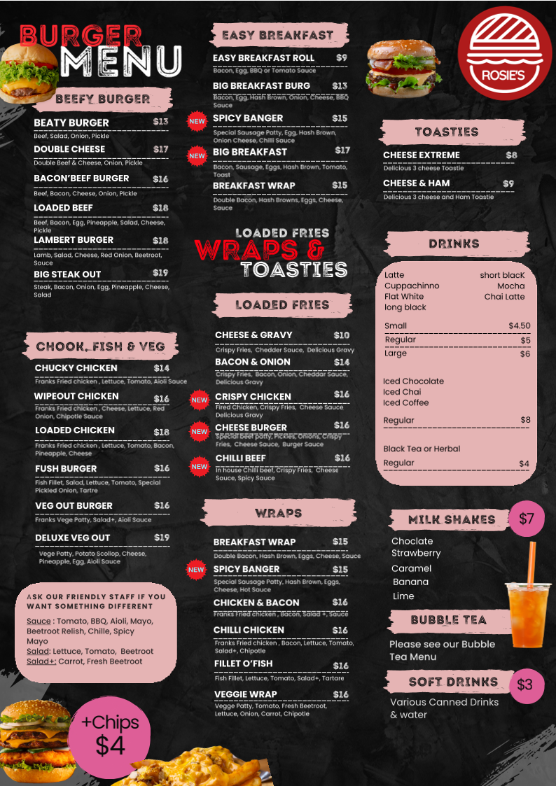 Menu, Rosie’s Takeaway - Fish & Chips, Burgers, Wraps, Ice Cream & Bubble Tea
