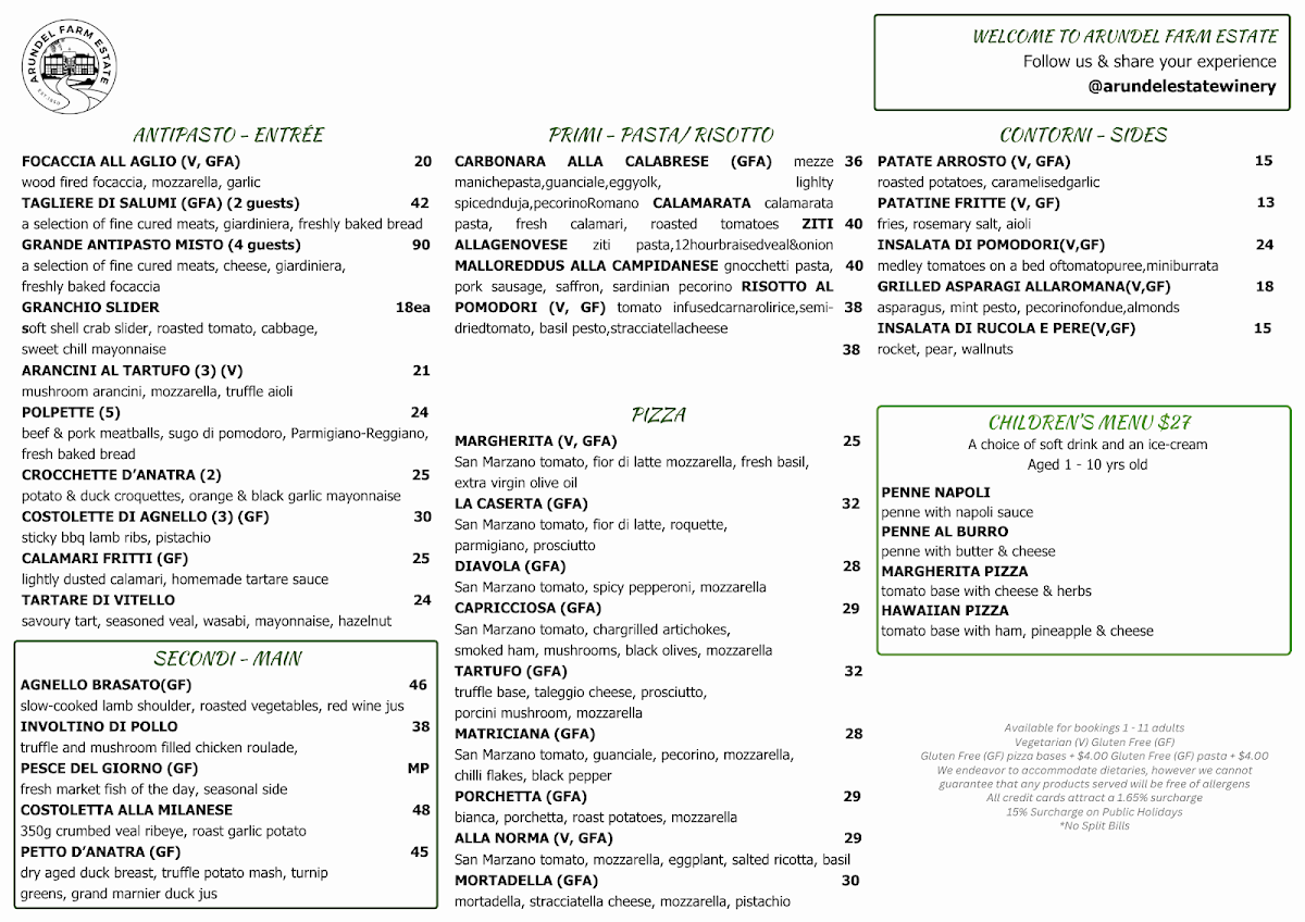 Menu, Arundel Farm Estate