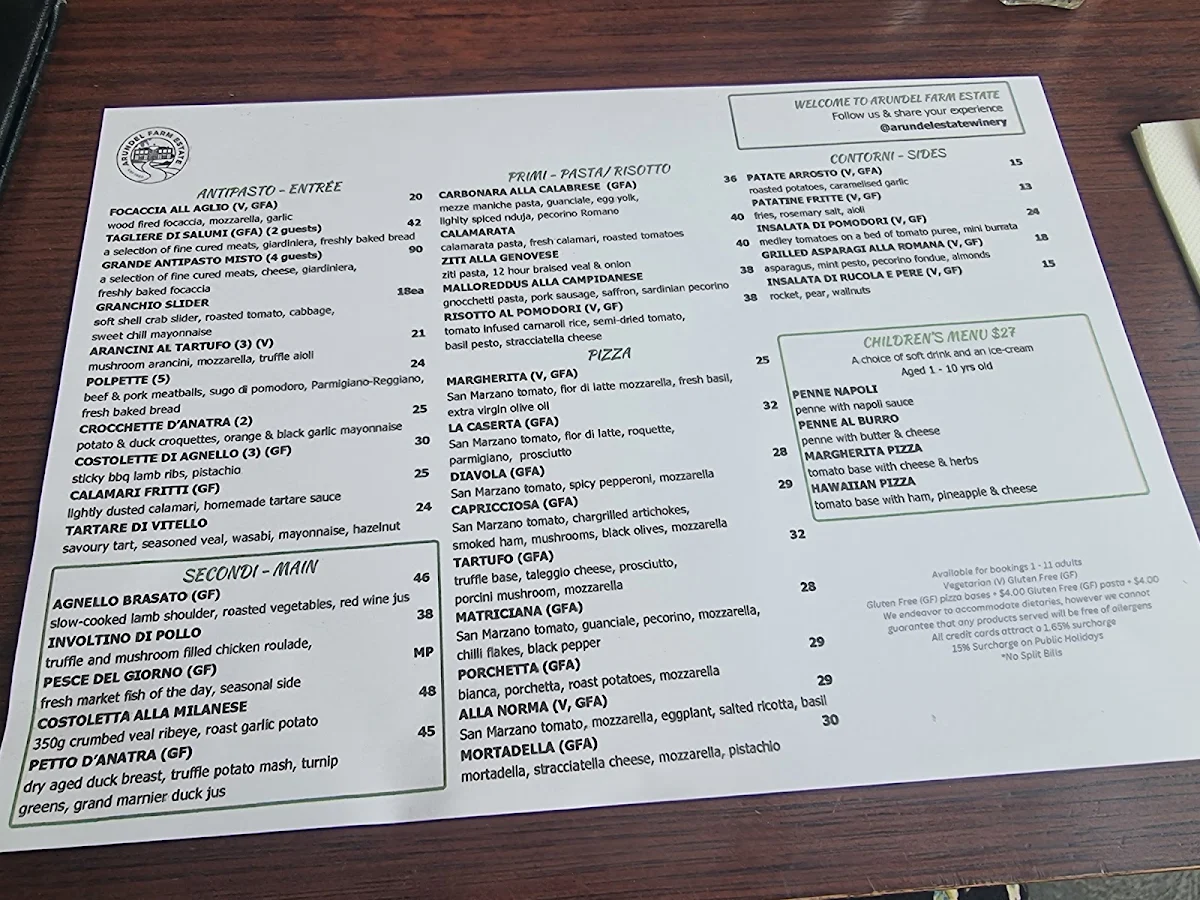 Menu, Arundel Farm Estate