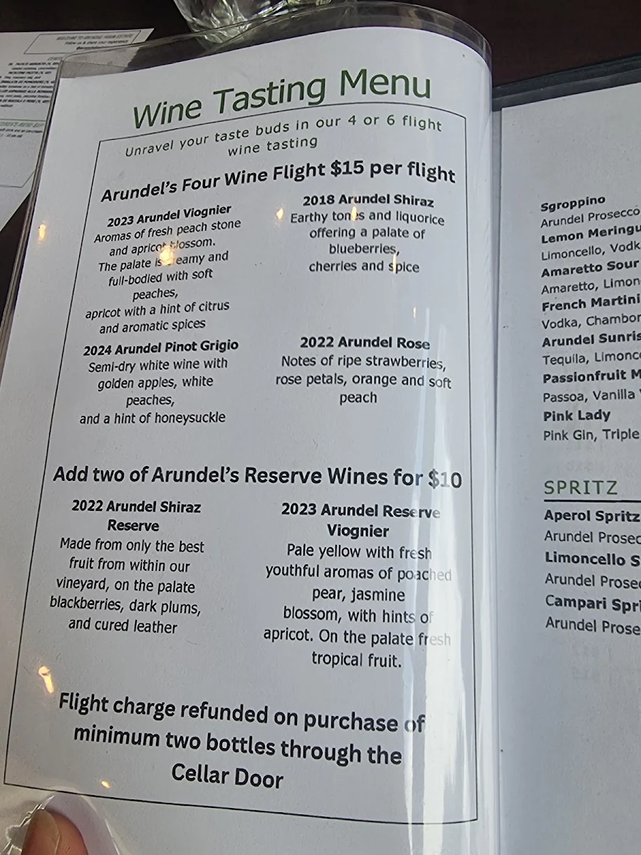 Menu, Arundel Farm Estate
