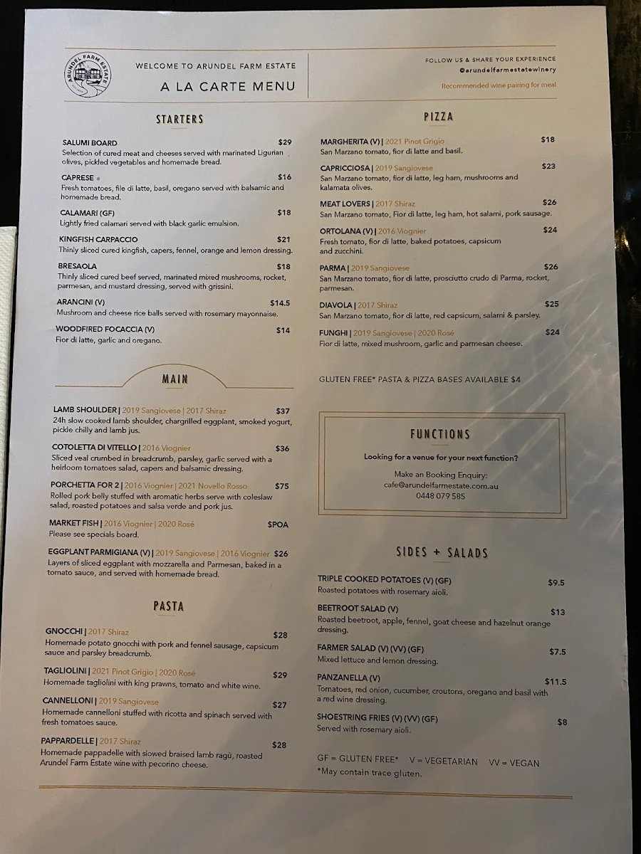 Menu, Arundel Farm Estate