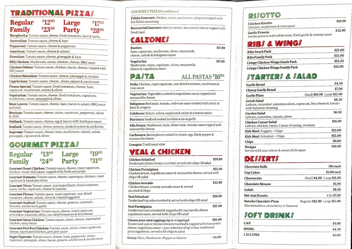 Menu, Pienza pizzeria