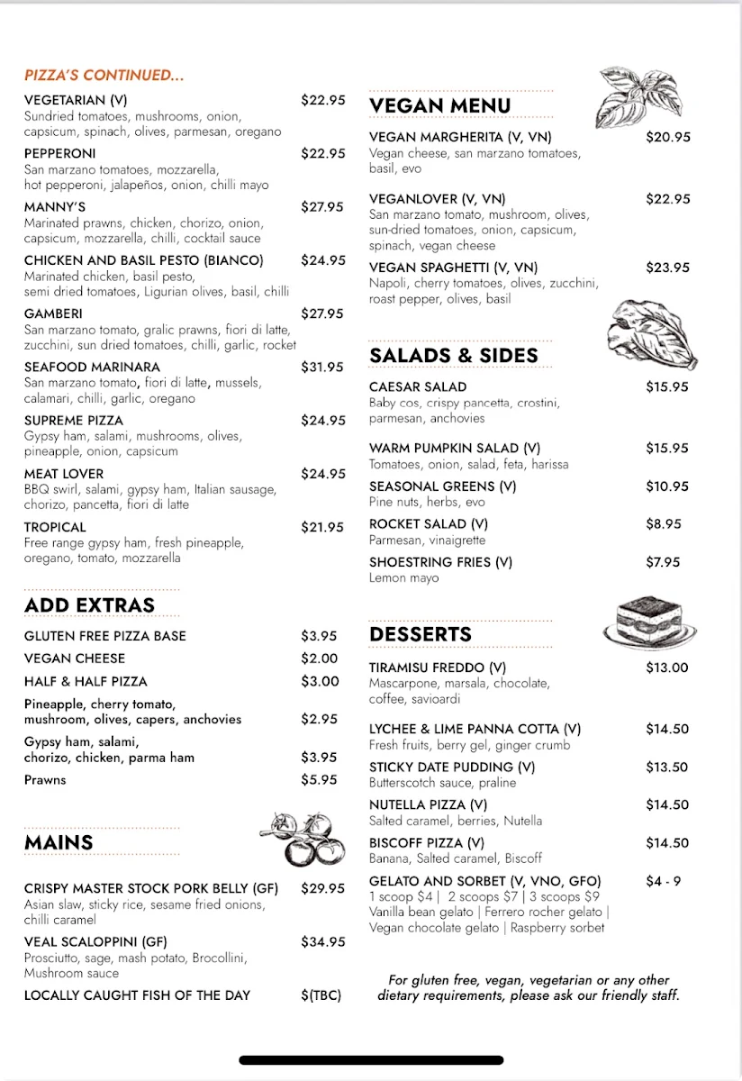 Menu, Manny's Italian