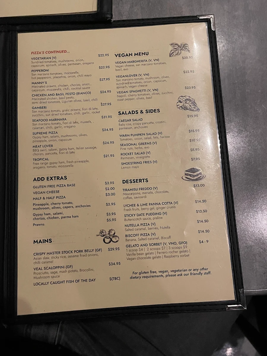 Menu, Manny's Italian