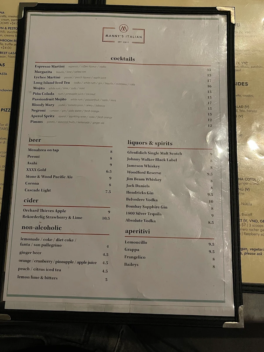 Menu, Manny's Italian