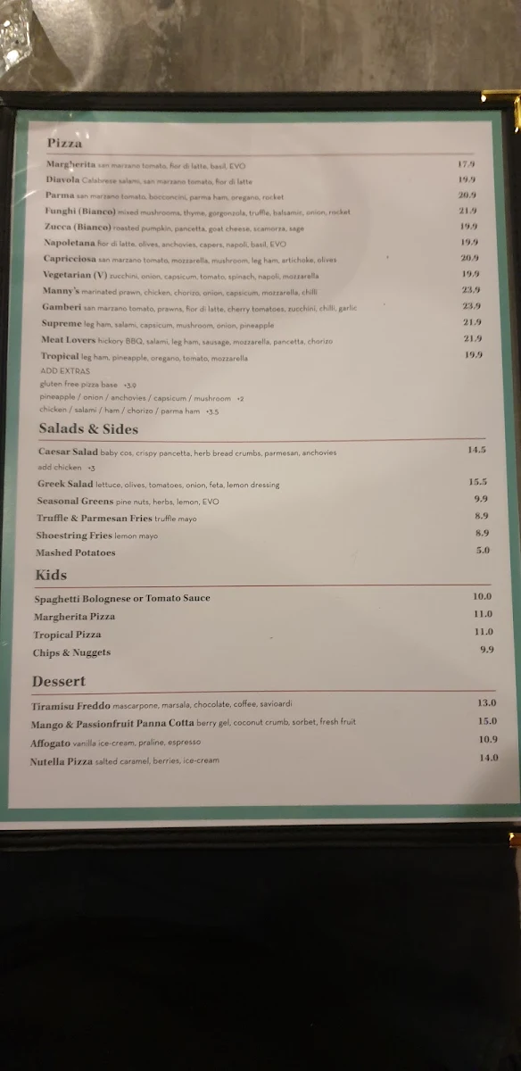 Menu, Manny's Italian