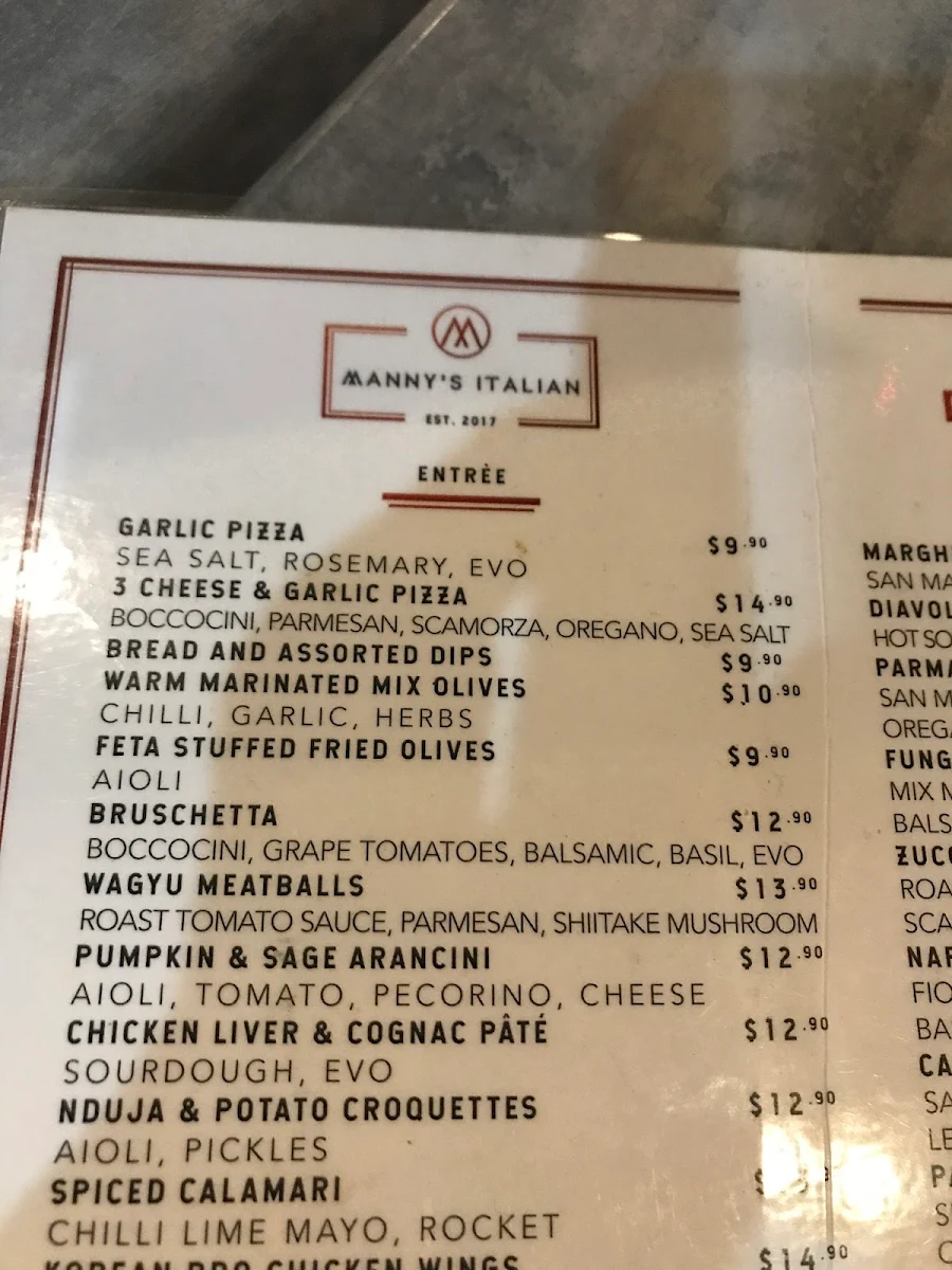 Menu, Manny's Italian