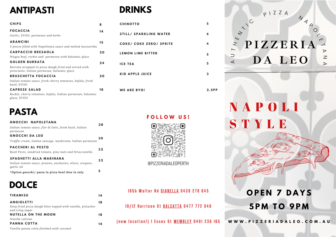 Menu, Pizzeria Da Leo WEMBLEY