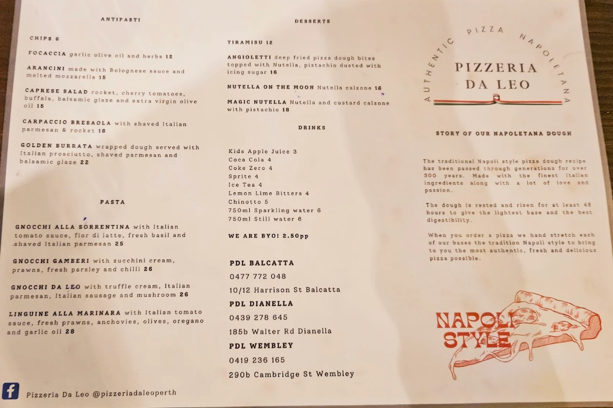 Menu, Pizzeria Da Leo WEMBLEY