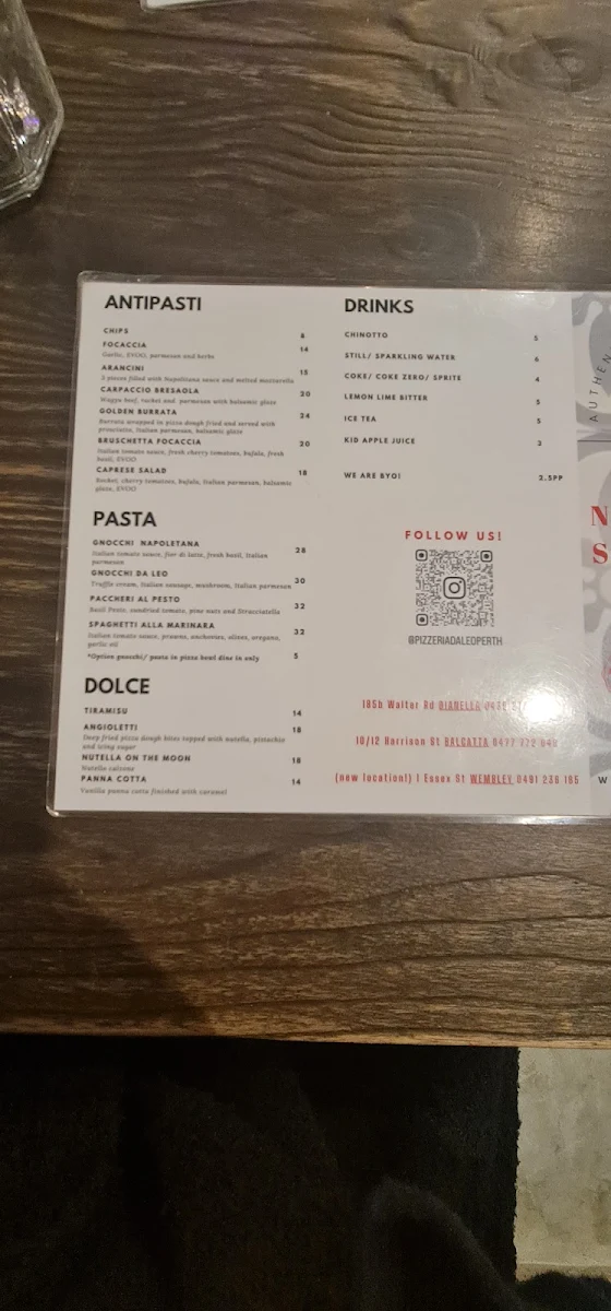 Menu, Pizzeria Da Leo WEMBLEY