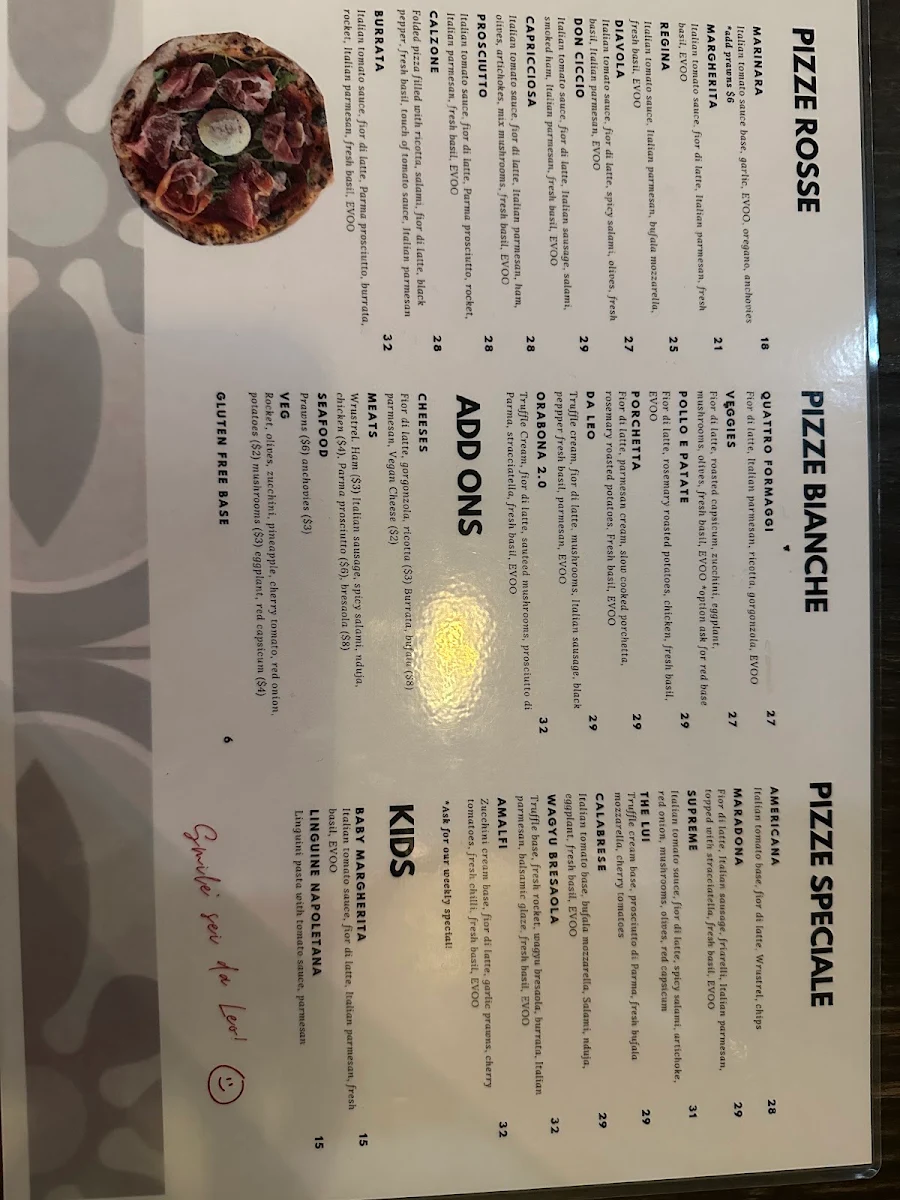 Menu, Pizzeria Da Leo WEMBLEY