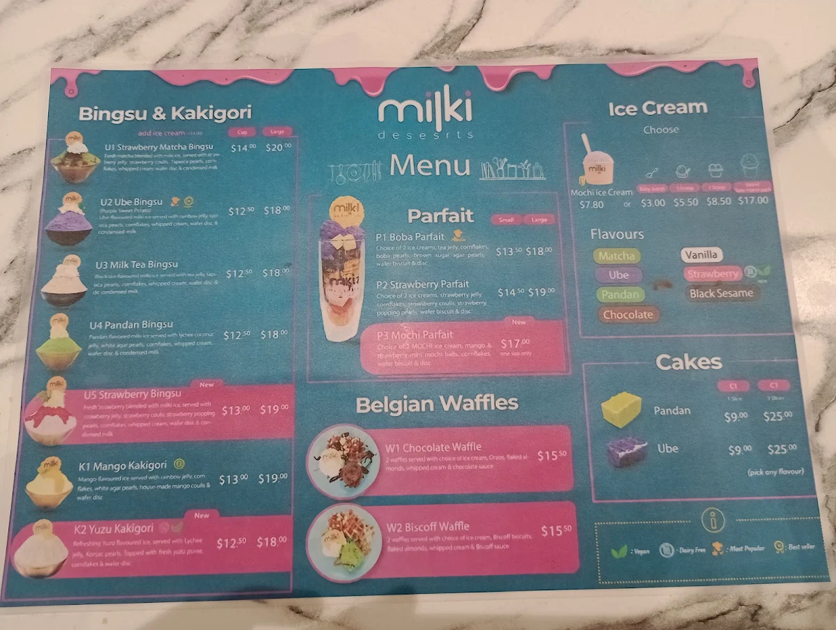 Menu, Milki Desserts