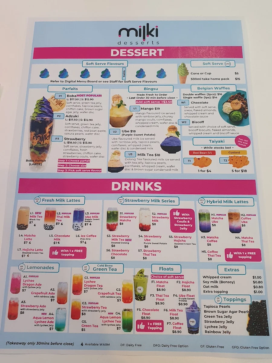 Menu, Milki Desserts
