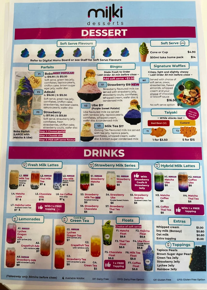 Menu, Milki Desserts